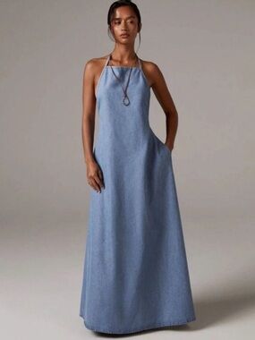 Chambray Denim Halter Neck Backless Maxi Dress Size 12 Blue Loose Fit